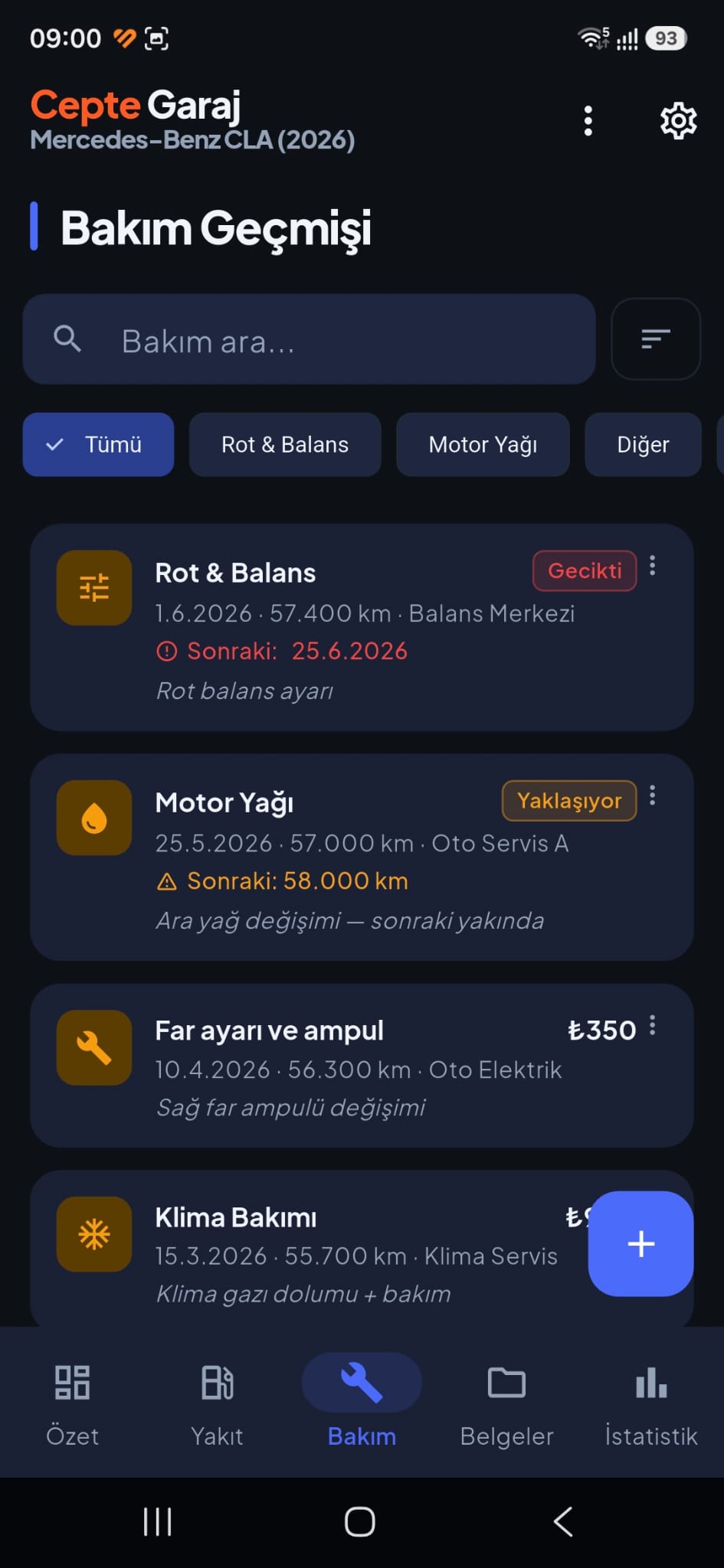 Bakım kayıtları ekranı