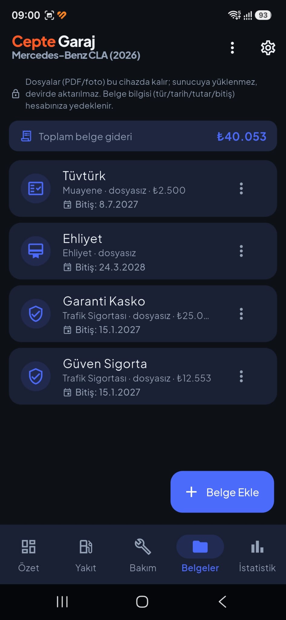 Belgelerim ekranı
