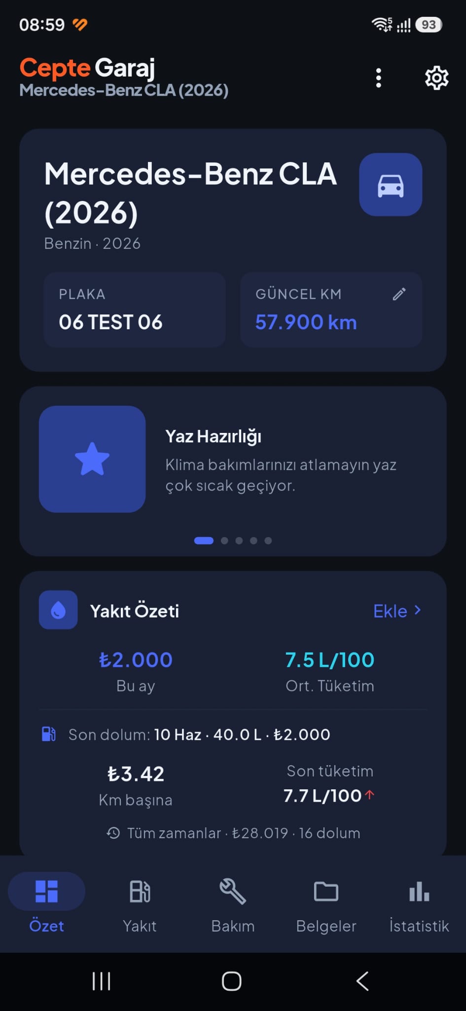 Cepte Garaj araç özet ekranı