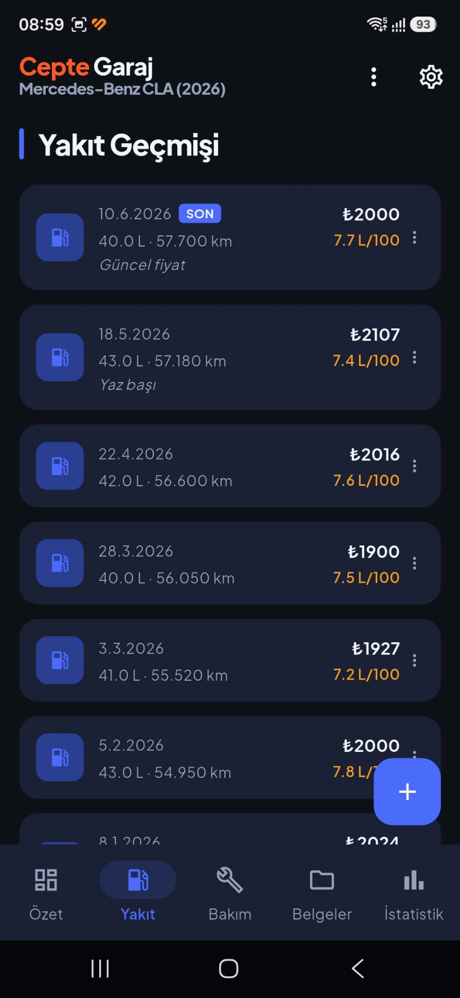 Yakıt kayıtları ekranı